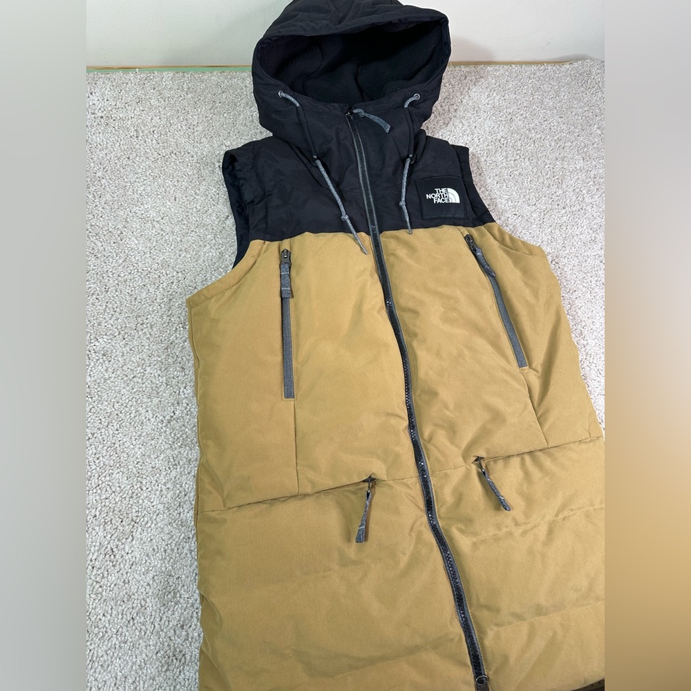The North Face Women's Small 550 Goose Down Pallie Khaki Black Hooded Vest - Picture 2 of 11